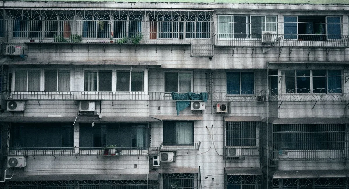 Facade of a multi-story apartment building with air conditioning units visible on each floor.