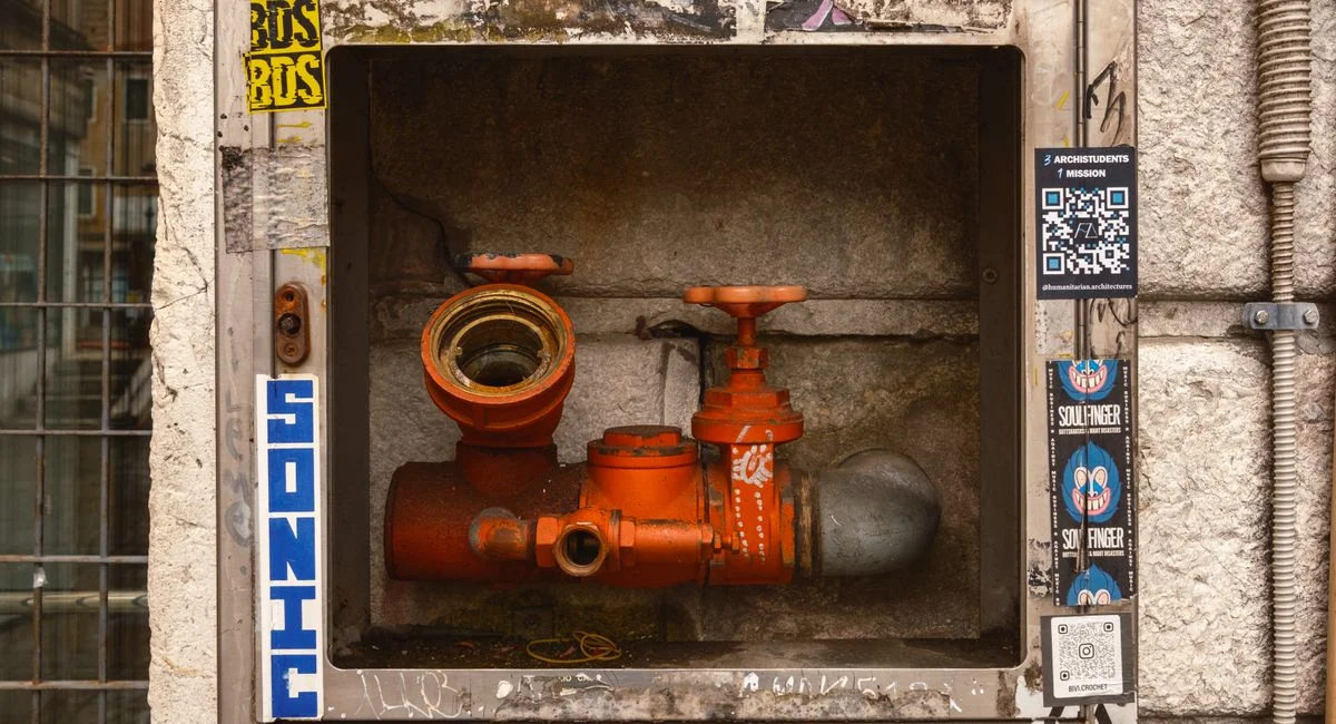 A detailed view of a rusty orange water valve enclosed in a metal frame, located in Venice, Italy.