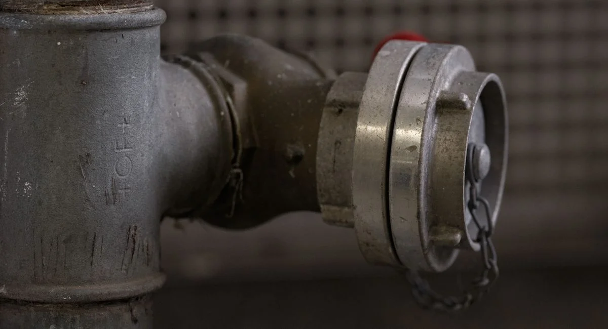 Close-up of a rusty metal pipe fitting with a cap and chain indoors in Almere.