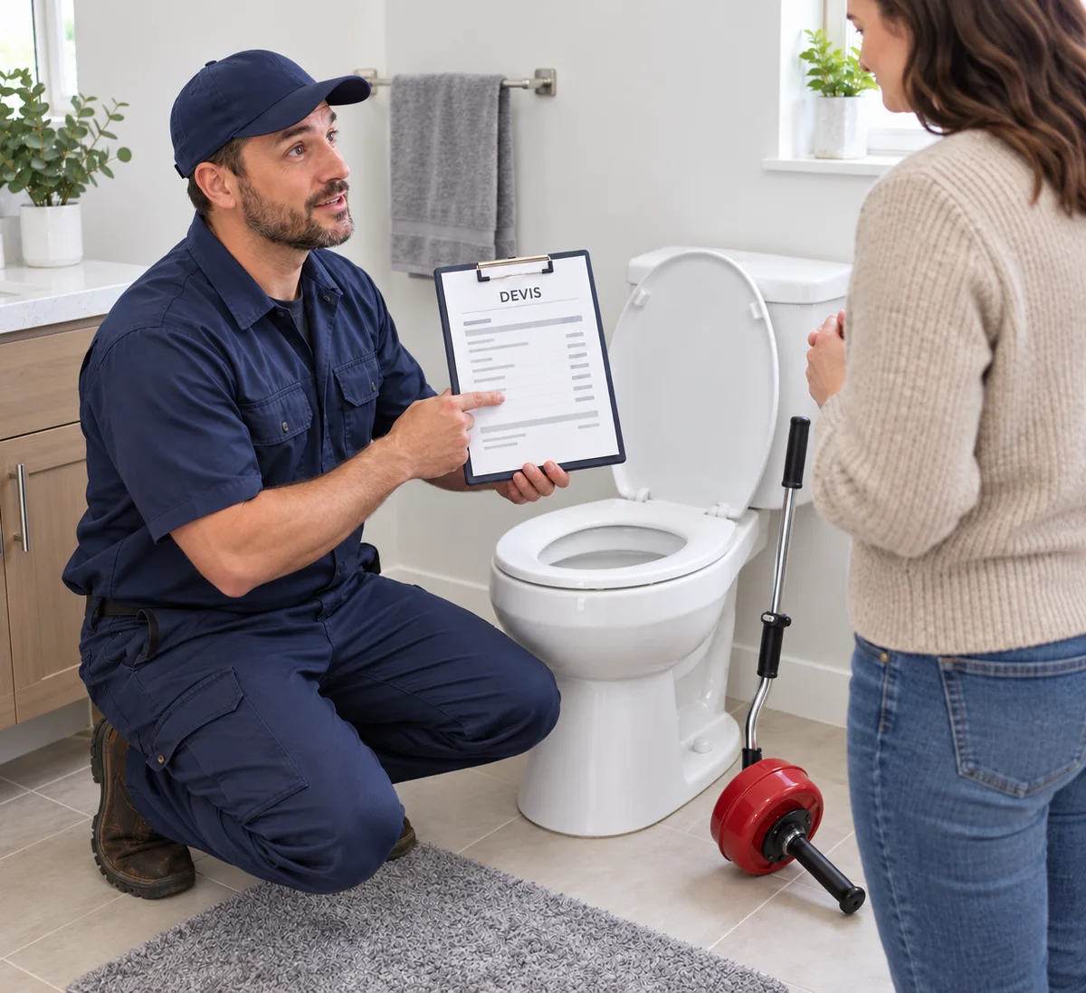 Plombier expliquant le devis d’un débouchage de WC