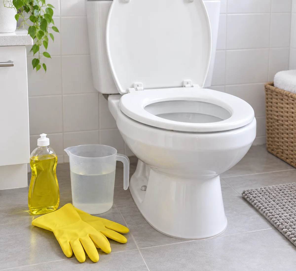 Eau tiède, liquide vaisselle et gants près de toilettes sans ventouse