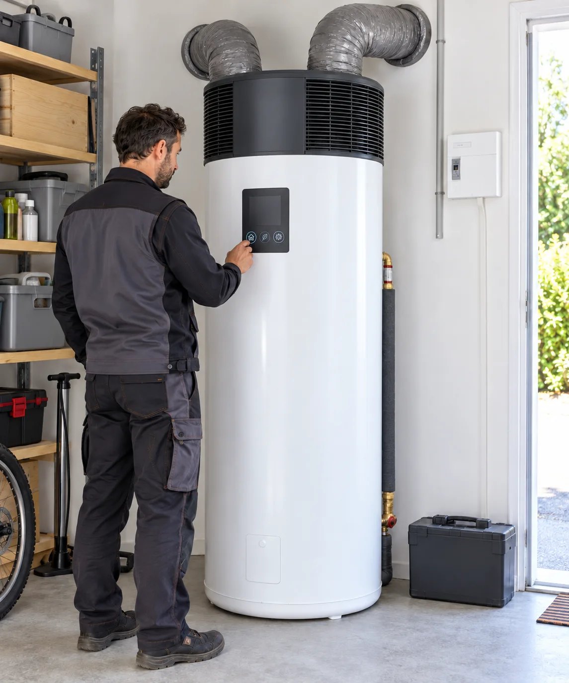 Technicien inspectant un chauffe-eau thermodynamique et ses conduits d’air