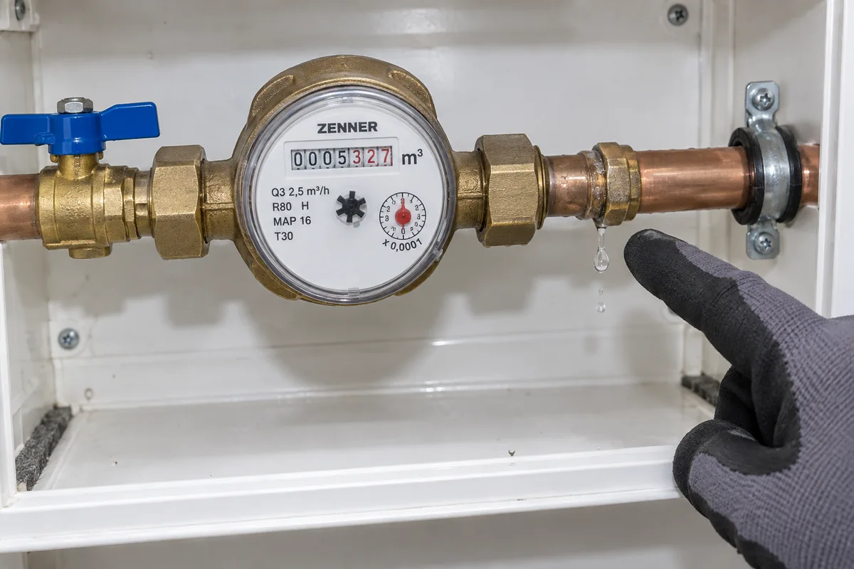 Compteur d’eau et fuite sur une conduite située en aval