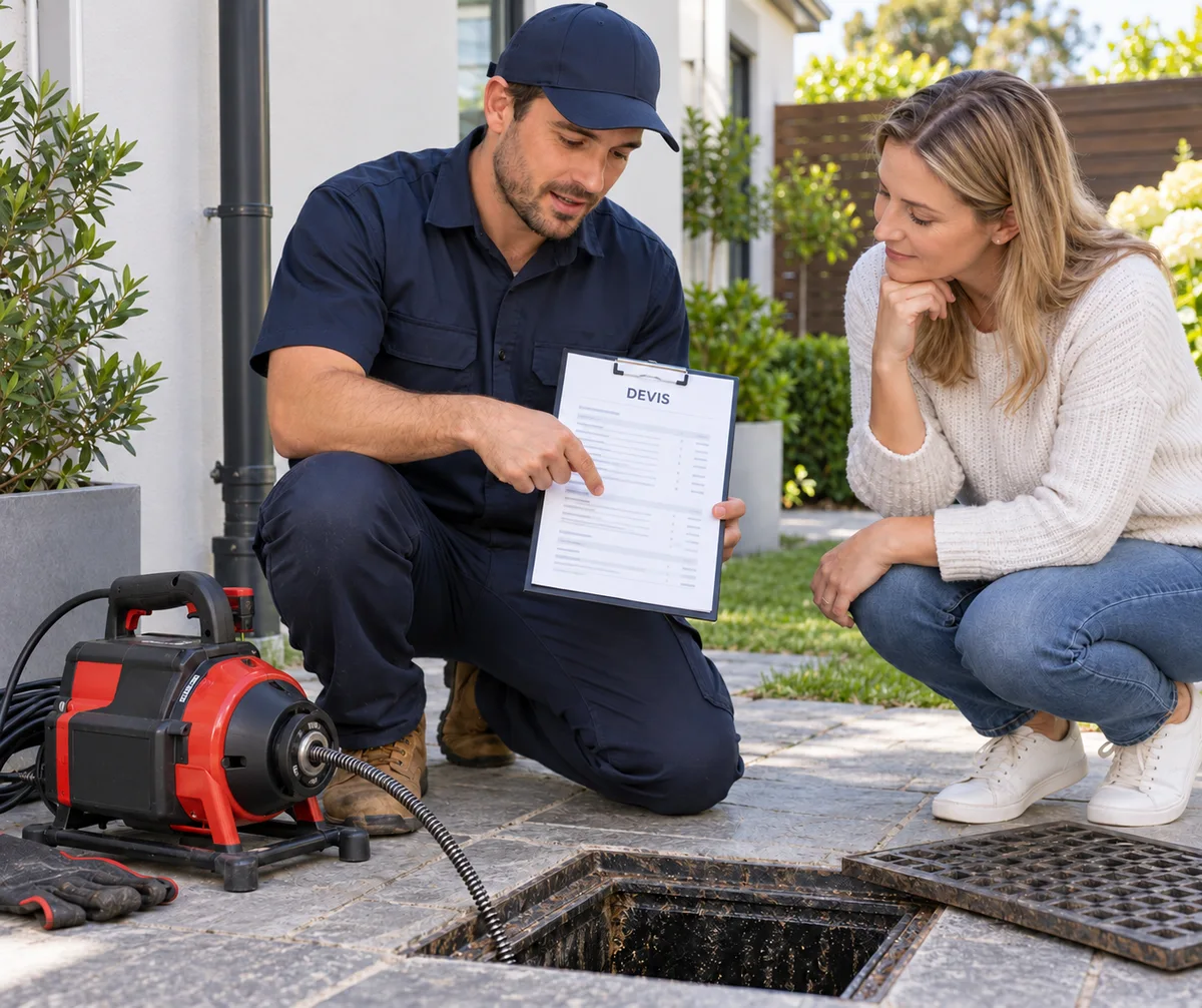 Présentation d’un devis de débouchage près d’un regard de canalisation