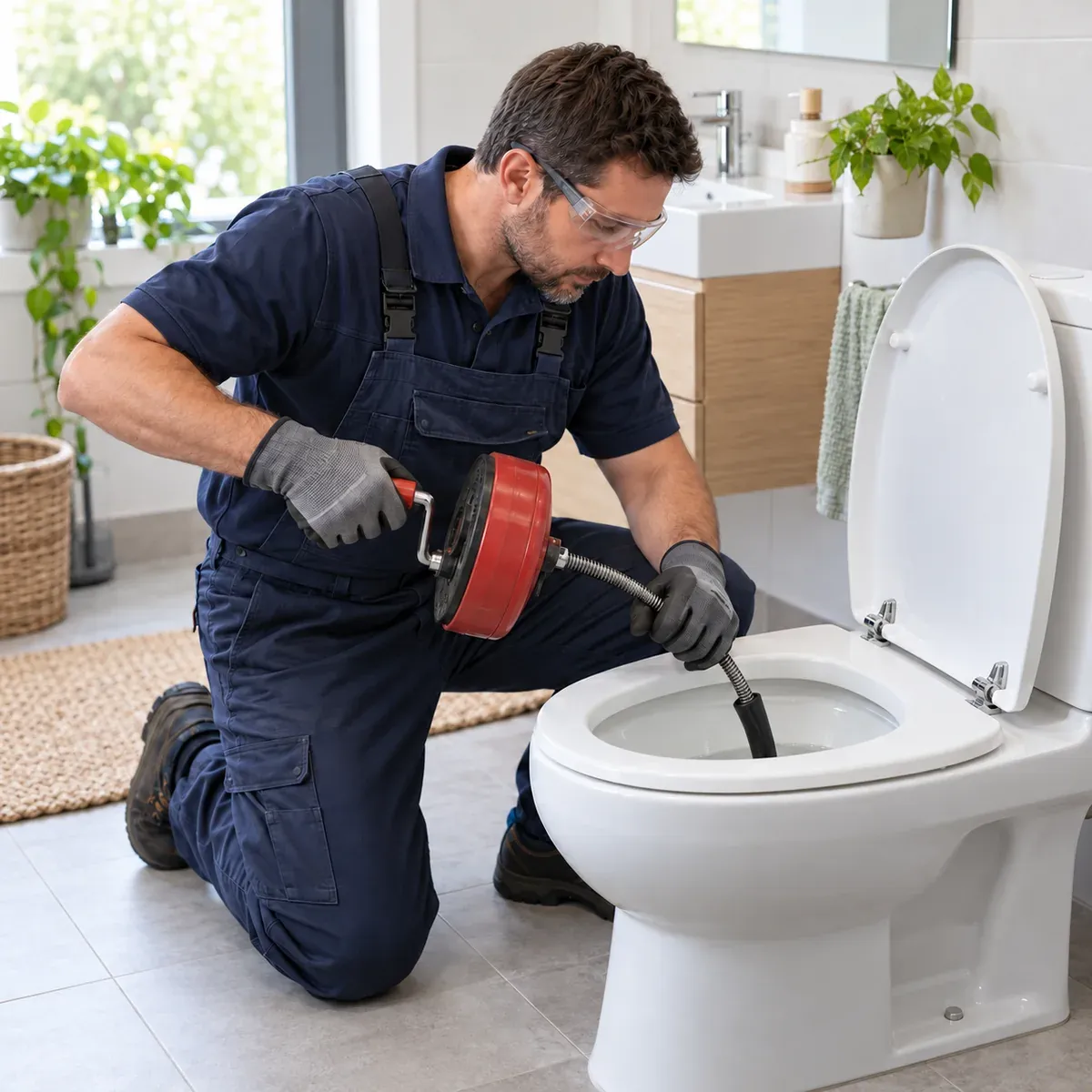 Plombier utilisant un furet pour déboucher des toilettes