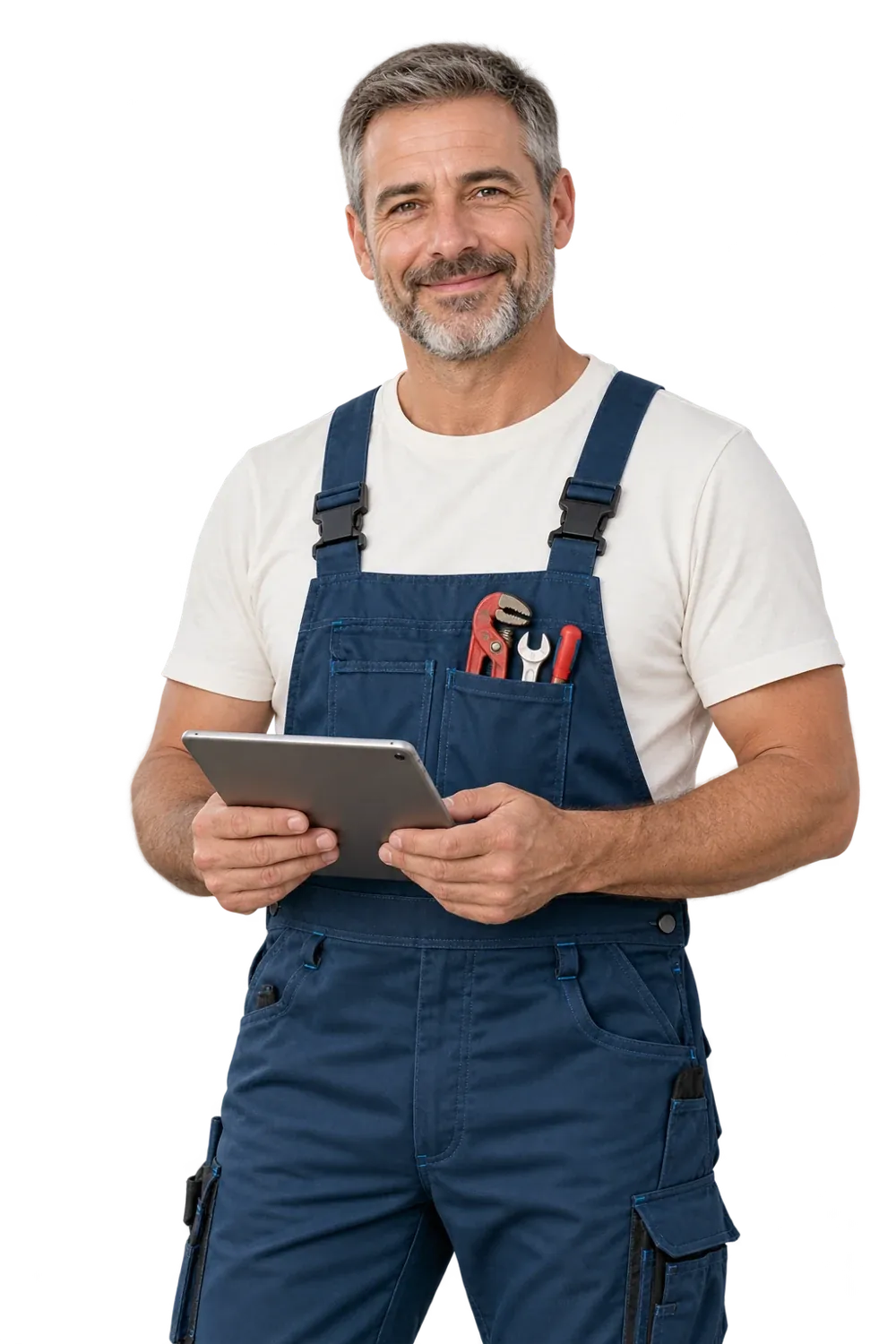 Illustration d’un plombier en tenue de travail tenant une tablette